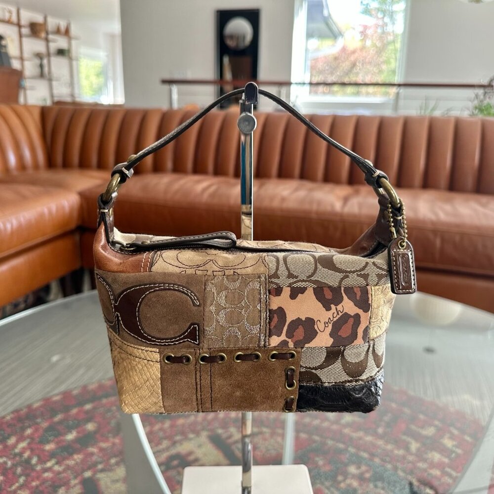 COACH Carly Mini Patchwork Logo Leather Baguette Satchel Handbag Bag Purse
